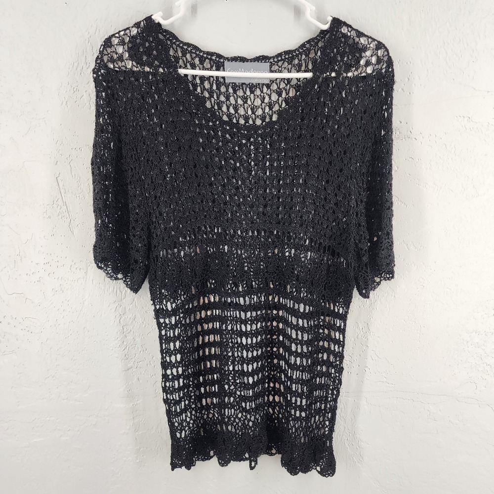 Carol Anderson Black Open Knit Crochet Mesh Sheer Short Sleeve Top Womens XL